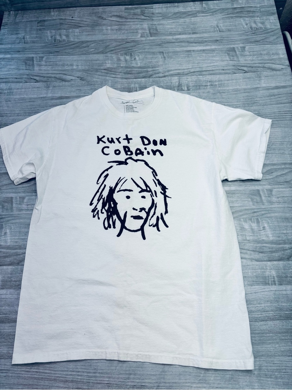 Kurt was Here Kurt Cobain White Short Sleeve Graphic Tee Hand-Drawn Portrait